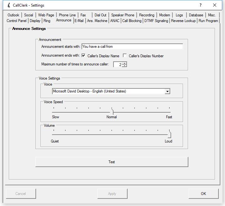 CallClerk Settings Announce