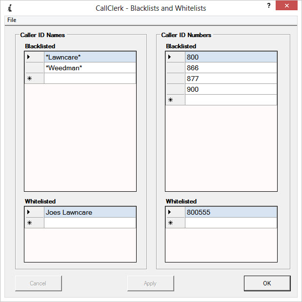 CallClerk - Blacklists and Whitelists window