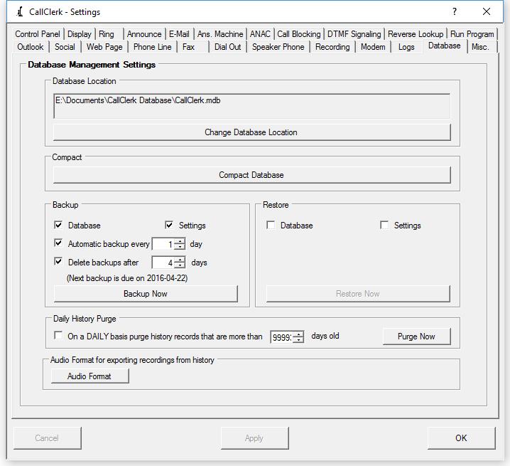 CallClerk Settings Database