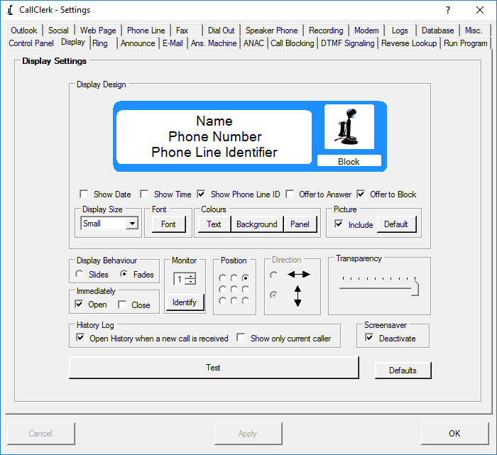 Settings Display Window