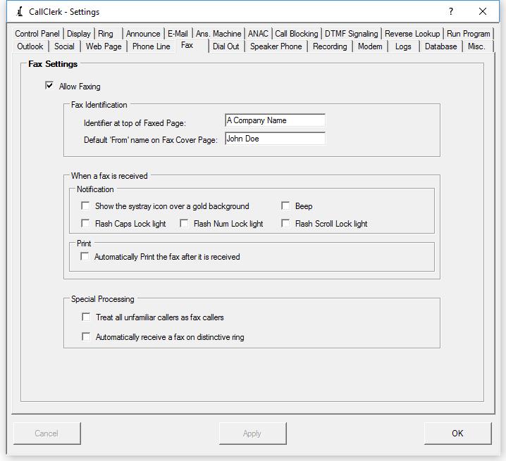 CallClerk Settings Fax