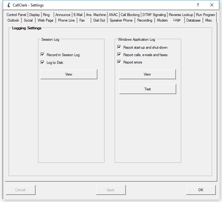 CallClerk Settings Logs Window