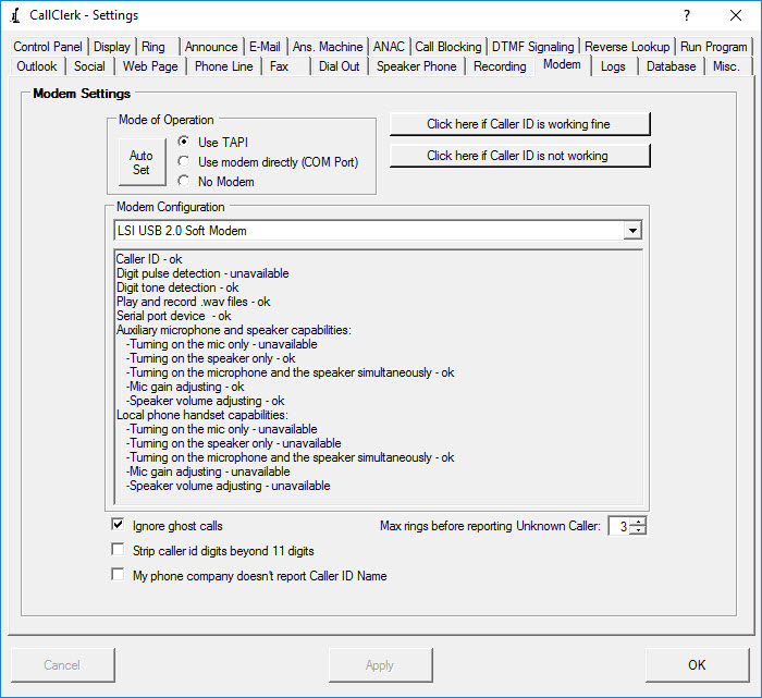 Settings Modem Window 1