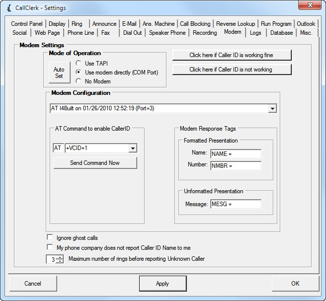 Settings Modem Window 2