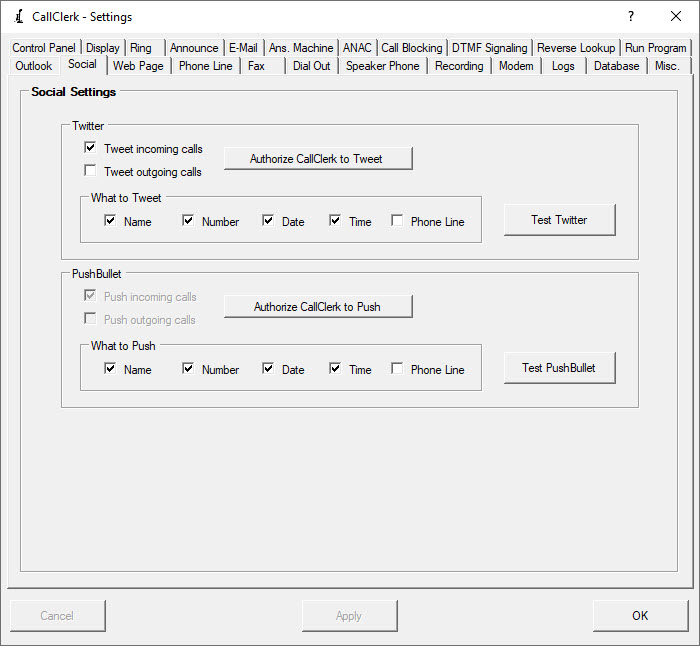 CallClerk Settings Social