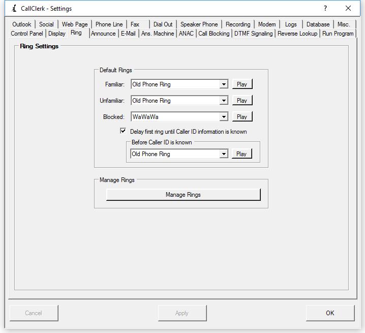 CallClerk Settings Ring window