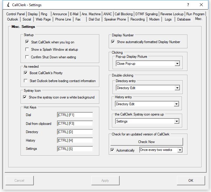 CallClerk Settings Misc. window