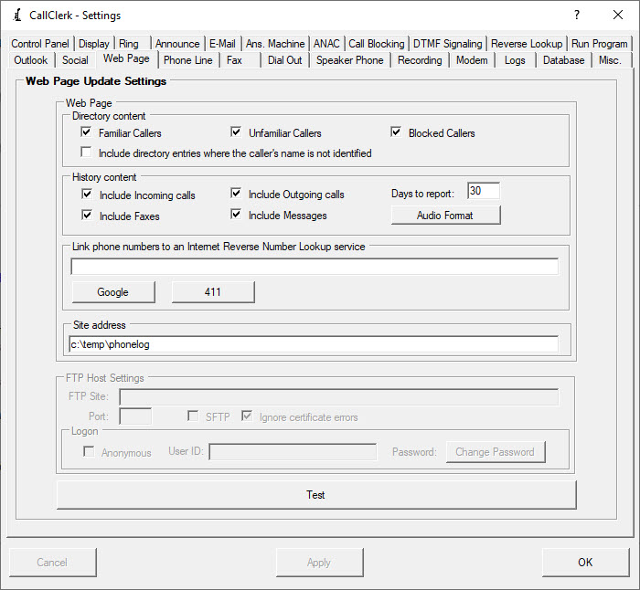 CallClerk Settings Webpage