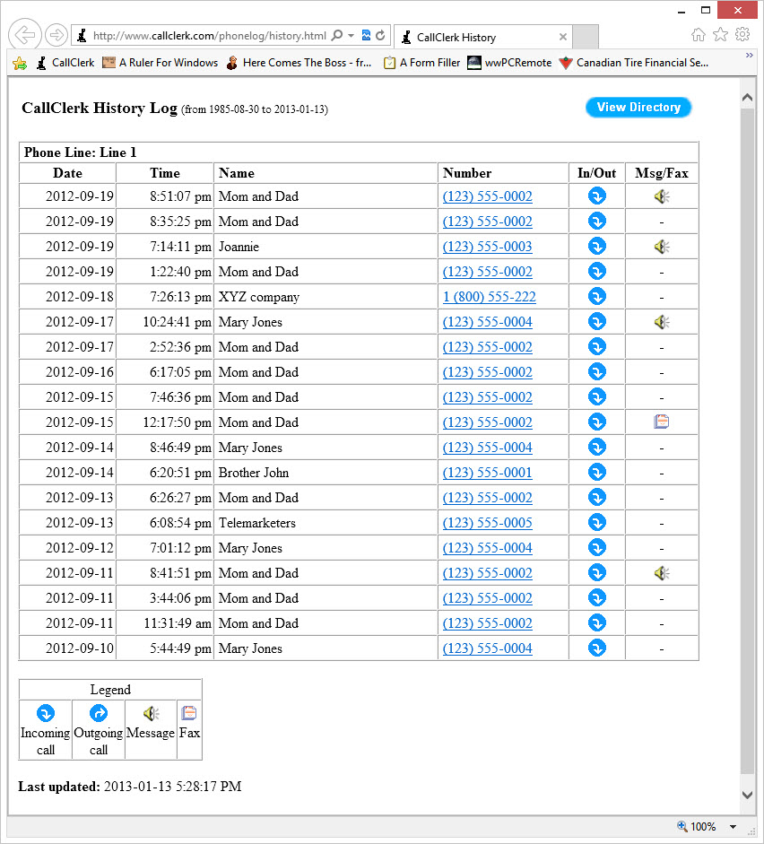 CallClerk Settings Webpage History